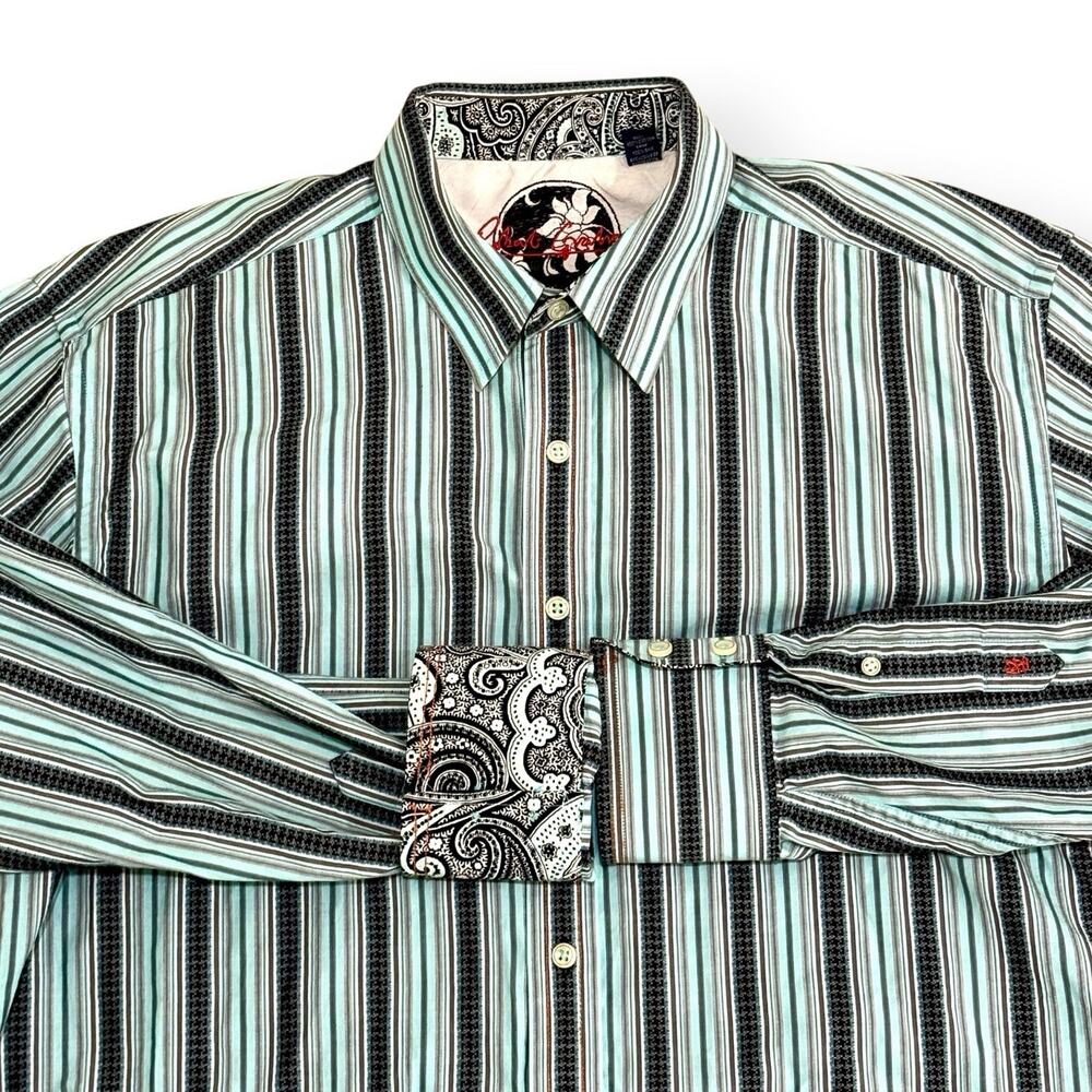 Robert Graham Blue Stripe Button Up Shirt XL Flip Cuff 100% Cotton Silk Trim